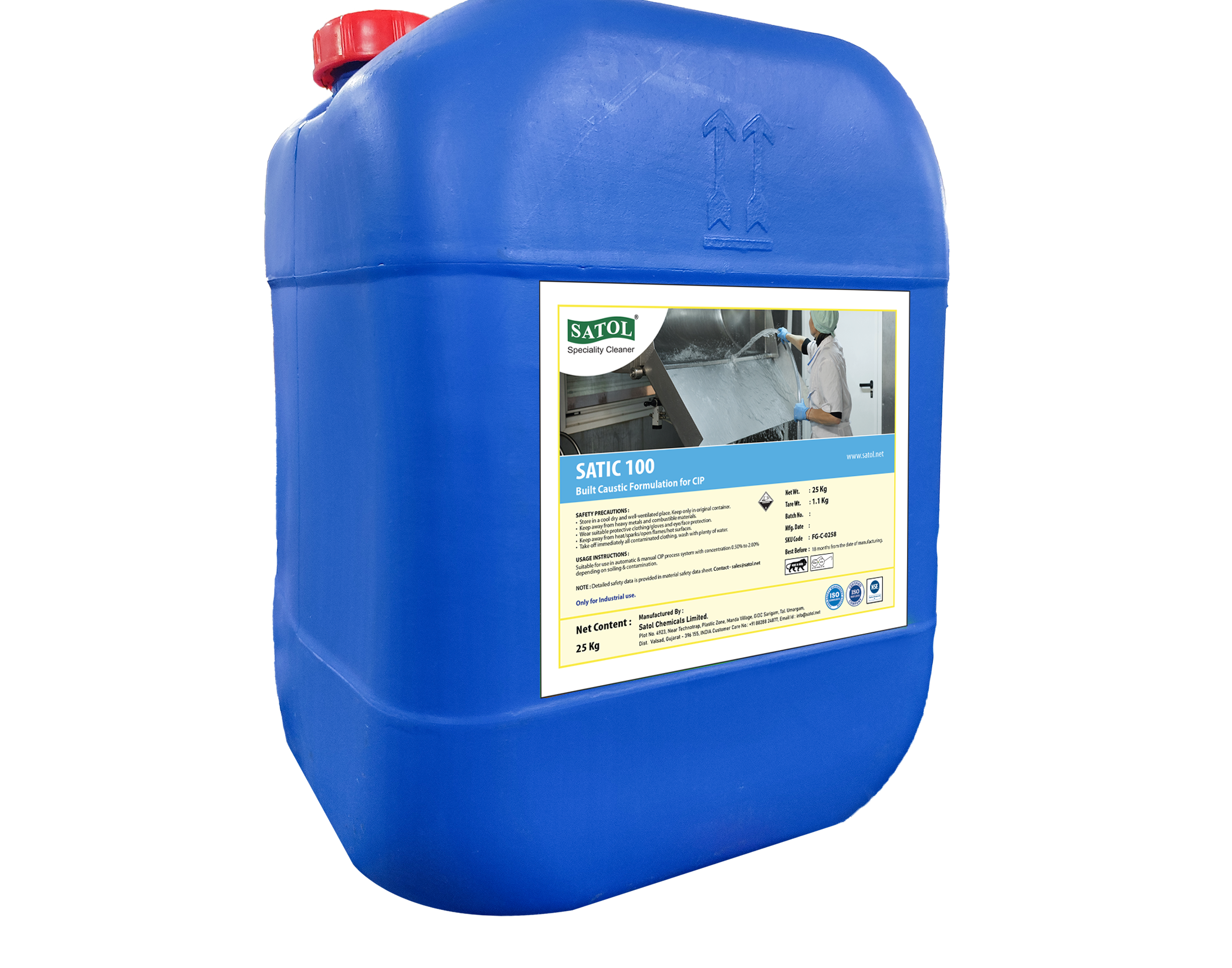 SATIC 100 built caustic formulation for dairy CIP cleaning in 25 kg industrial can – effective raw caustic replacement for milk processing plants