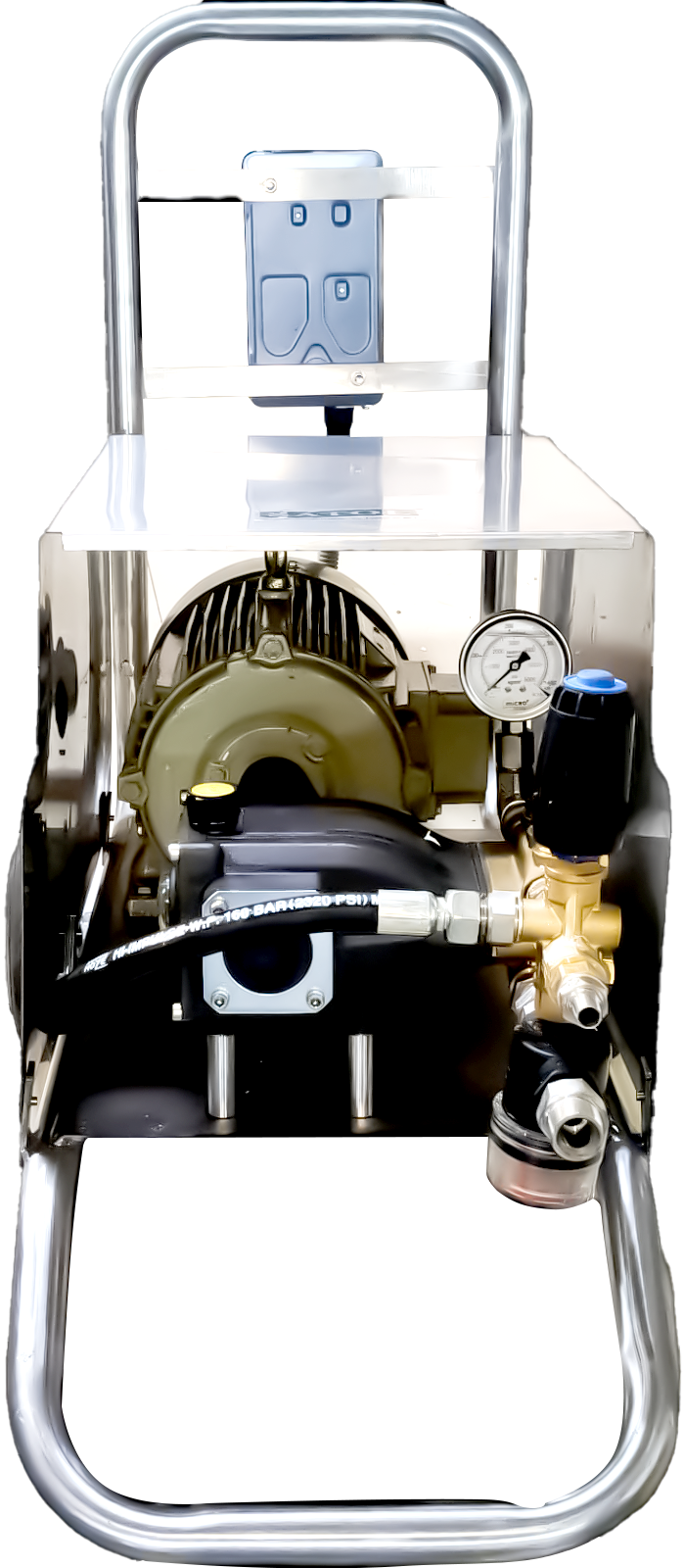 High-Pressure Jet 200 Bar cleaning machine with stainless steel body, adjustable pressure, and high-pressure water outlet hose.
