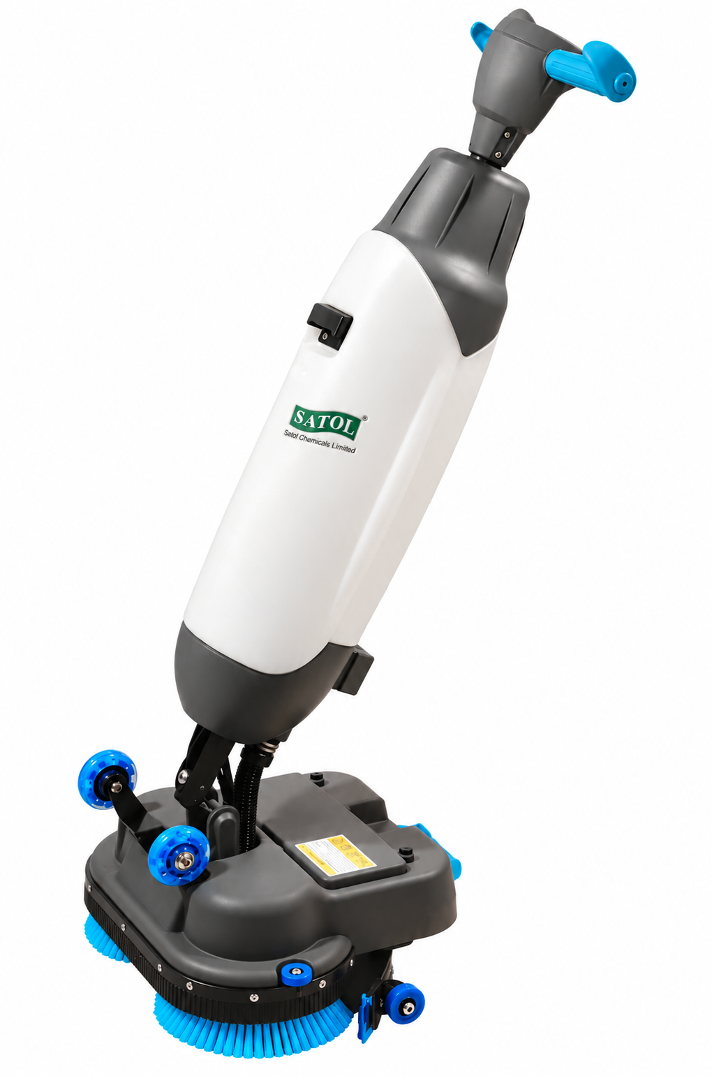 SATOL M-207 Mini Scrubber Dryer machine with dual rotating brushes for floor cleaning.